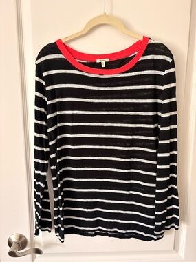 dylan Black & White Striped Long Sleeve Top with Red Neckline